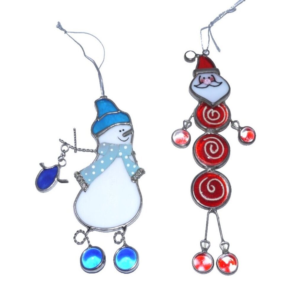 Two vintage handmade stained glass Christmas Ornaments Santa & Snowman 6-8" long